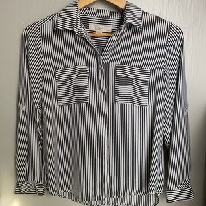 LOFT Navy Stripe Chiffon Button Down Blouse